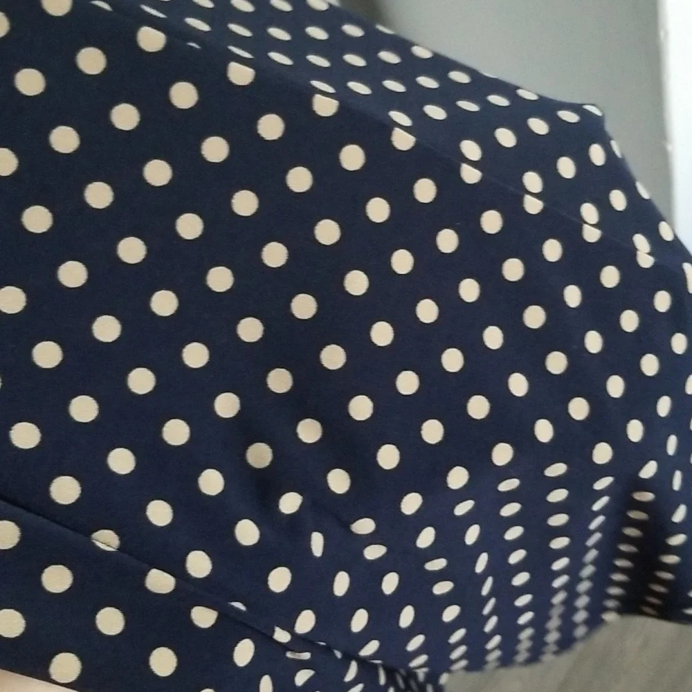 Enfocus Studio 4P Navy Blue and Khaki polka dot fit-to-flare dress. - Picture 7 of 8
